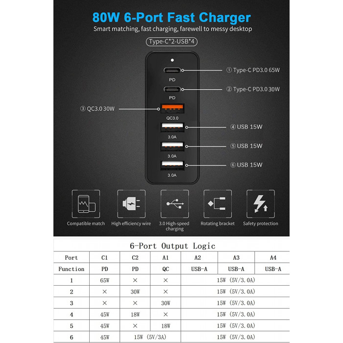 Devia Multi Port Desktop 6 Port 80W Charger Black