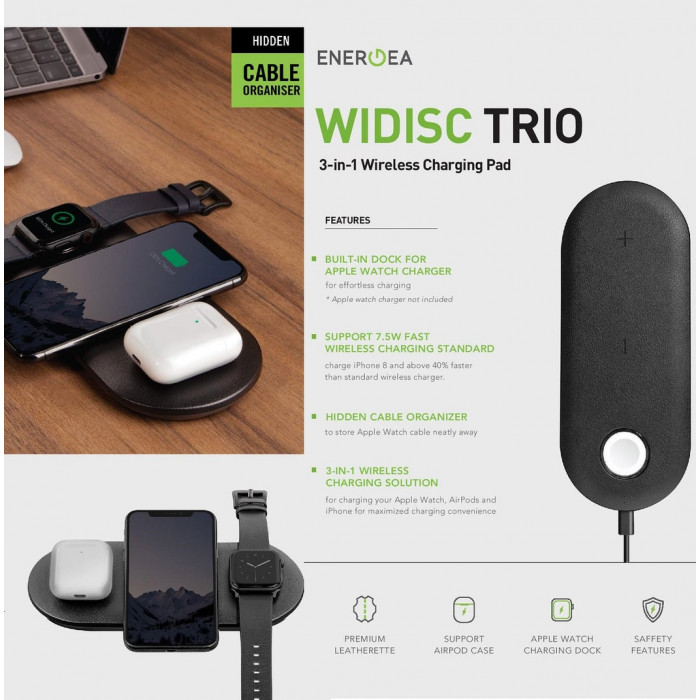 Energea WiDisc Trio 3 in 1 Wireless Charging Pad - Black