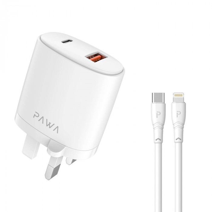 Pawa Solid Travel Charger Dual PD & QC Port With Type-C to Lightning Cable-White