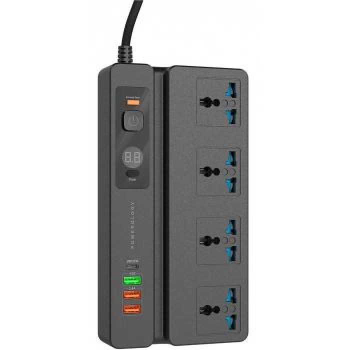 Porodo 4 AC 3 USB & USB-C PD 35W Multiport Socket with Phone Stand and Timer - 3M - Black