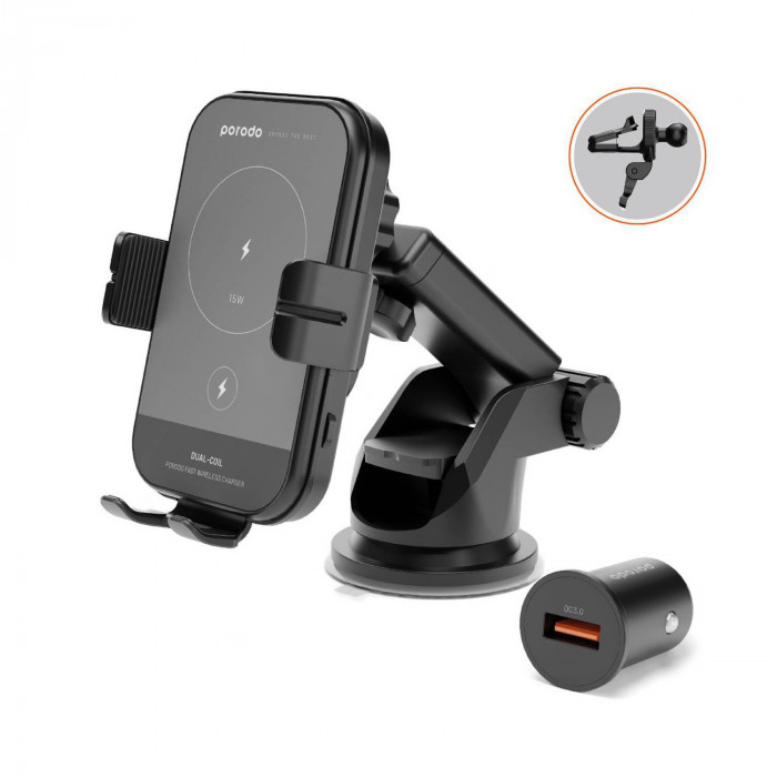 Porodo 3 in 1 Duall Coil Car Charger Mount QC3.0 with Fast Wireless Charger 15W - Black