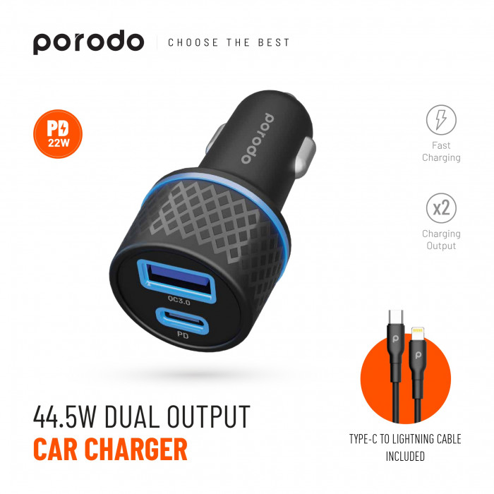 Porodo 44.5W Dual Port Car Charger PD 20W With Type-C to Lightning Cable -Black