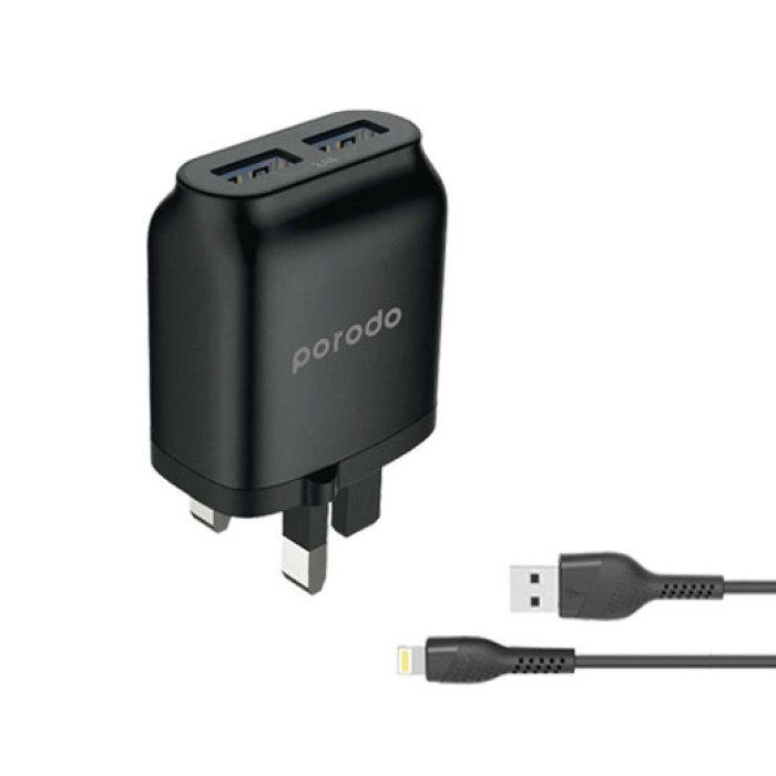 Porodo Dual USB Wall Charger 2.4A with Lightning Cable 1.2m Black