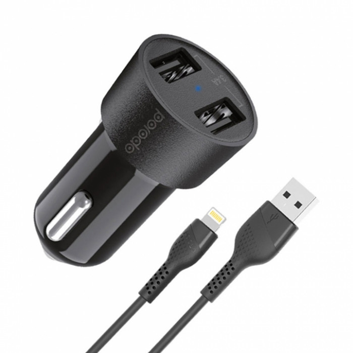 Porodo Dual USB Car Charger 3.4A + Lightning Cable