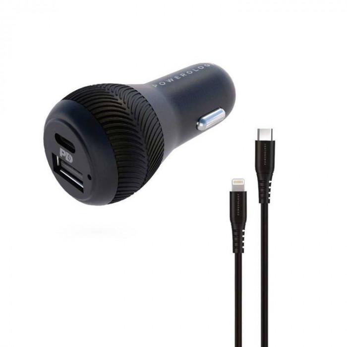 Powerology Dual Port Car Charger 32W with Cable Type C to Lighting 0.9M Black