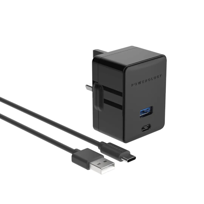 Powerology Dual Port Ultra-Quick PD & QC Charger Dual Ports 36W with Type-C Cable1.2m - Black