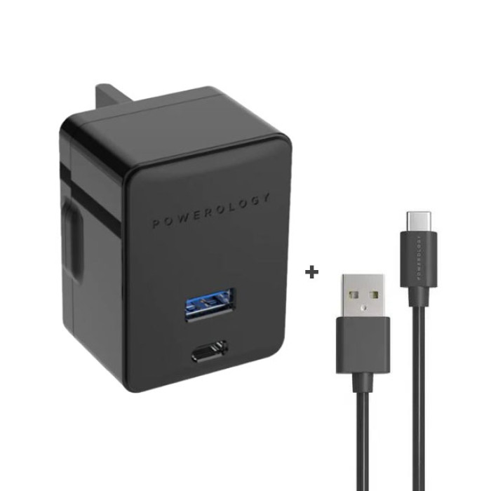 Powerology Dual Port Ultra-Quick PD & QC Charger Dual Ports 36W with Type-C Cable1.2m - Black