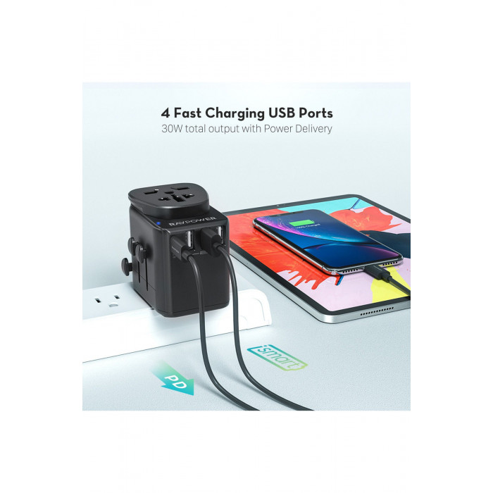 RAVPower Travel Charger Diplomat 32W 4-Port 1 PD and 3 QC3.0