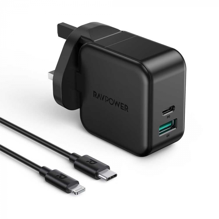 RAVPower PD Pioneer 18W 2-Port Wall Charger with Type-C Lightning Cable Black